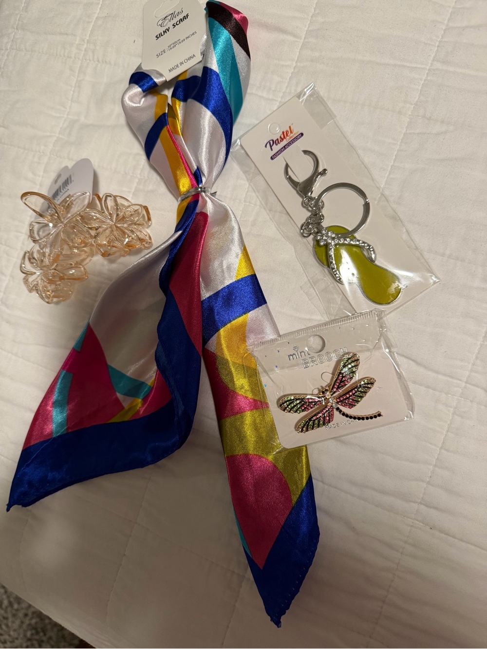 Colorful Silky Scarf & Accessory Gift Bundle – 4-Piece Set
